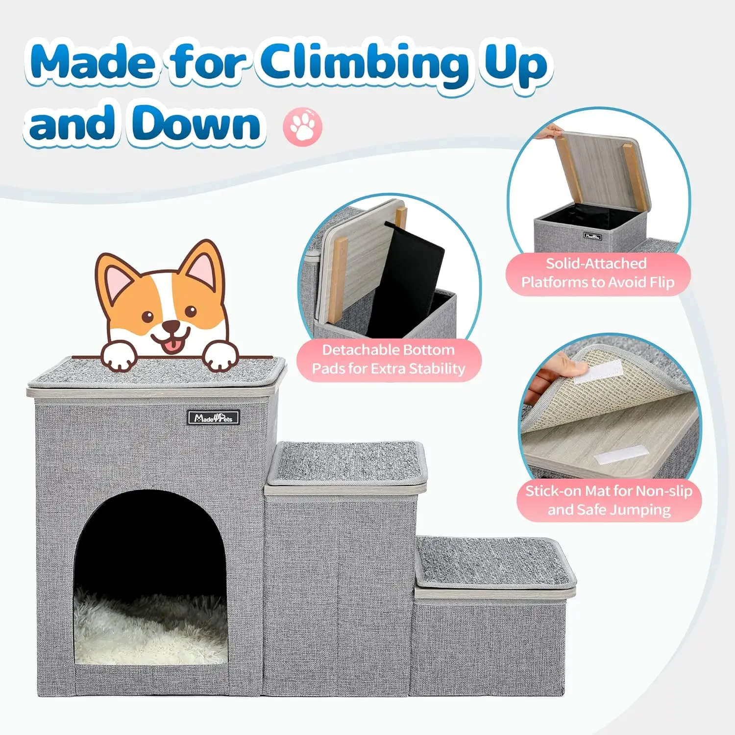 Cat Stairs Dog Ladder for Bed, Pet Step for Small Dogs and Cats, Dog Ramp for Couch Sofa