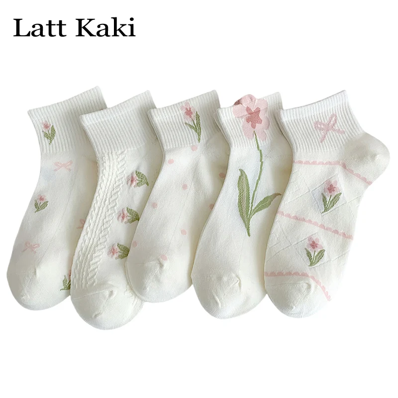 

5 Pairs/Lot Woman Socks Set Short New Trends Bow Girls Cute Socks For Women Mesh White Flower Korean Style Ankle Socks Novelty