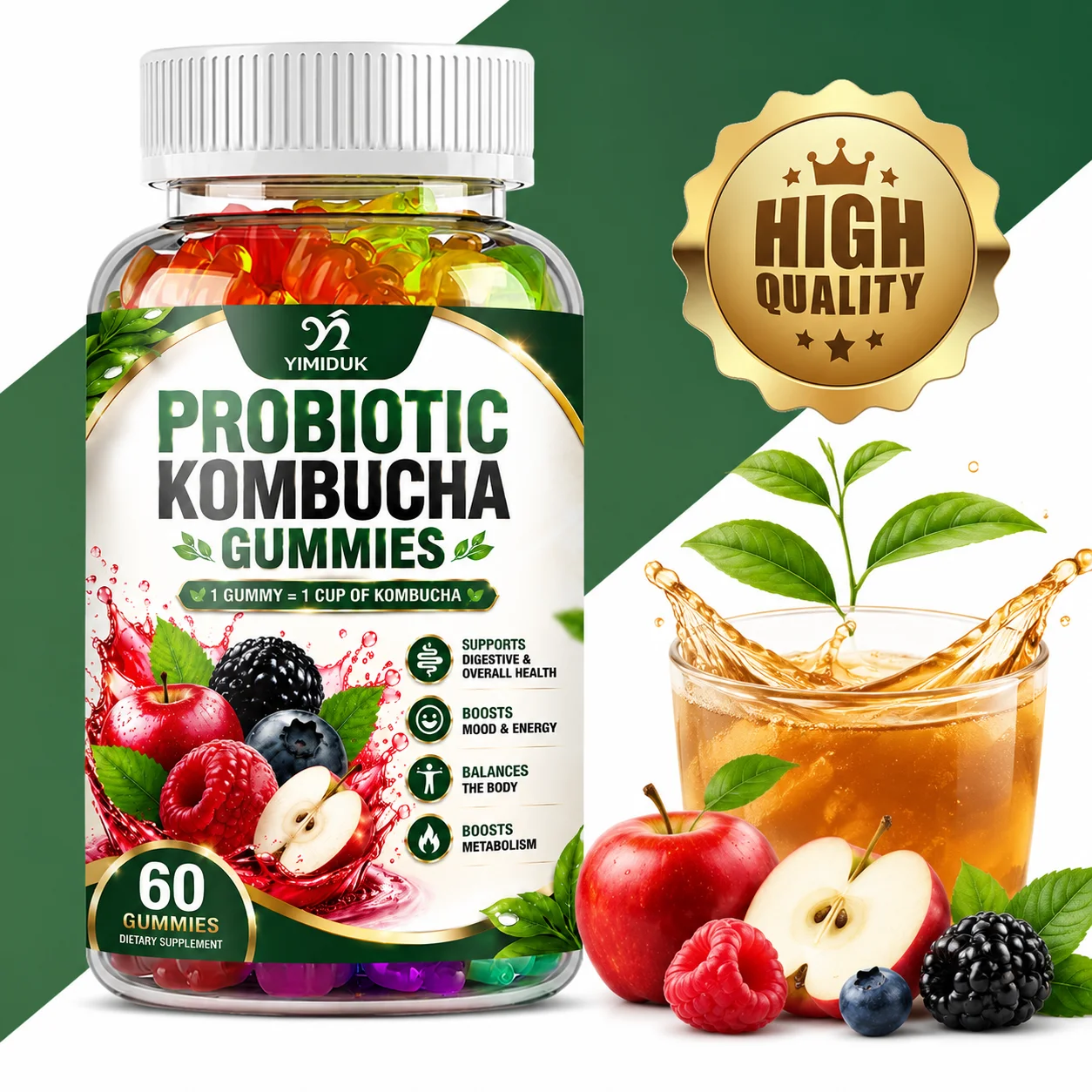 Probiotic Kombucha Gummies, for Bloating, Digestive Comfort, Support Gut Health, with Prebiotics, Probiotics, Slippery Elm