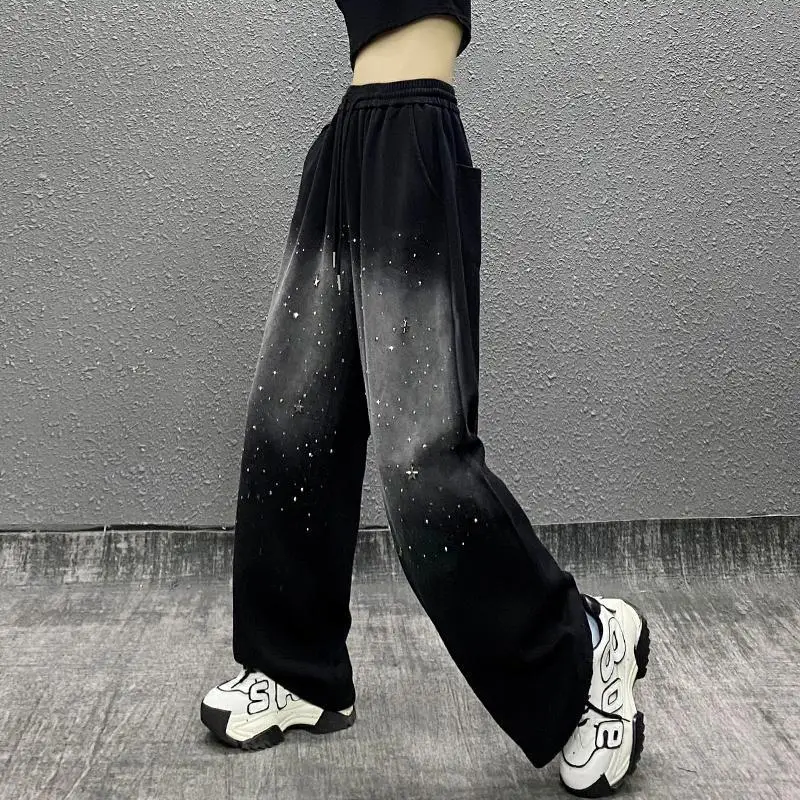 Women Clothing Trendy Vintage Casual Streetwear Harajuku Y2K Sports Baggy Pants Female Oversized Rhinestone High Waist Trousers