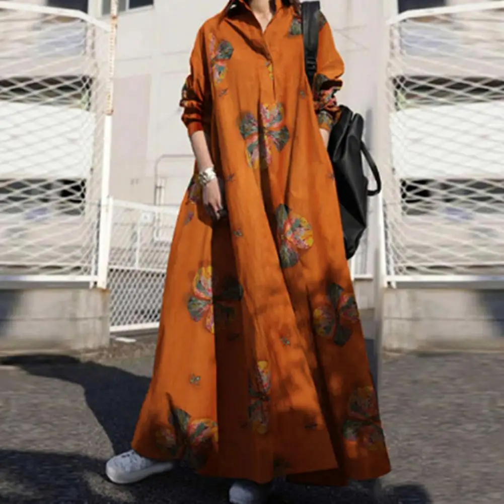 Long Sleeve Dress Floral Print Maxi Dress with Turn-down Collar for Women Ethnic Style A-line Loose Fit Plus Size Ankle Length