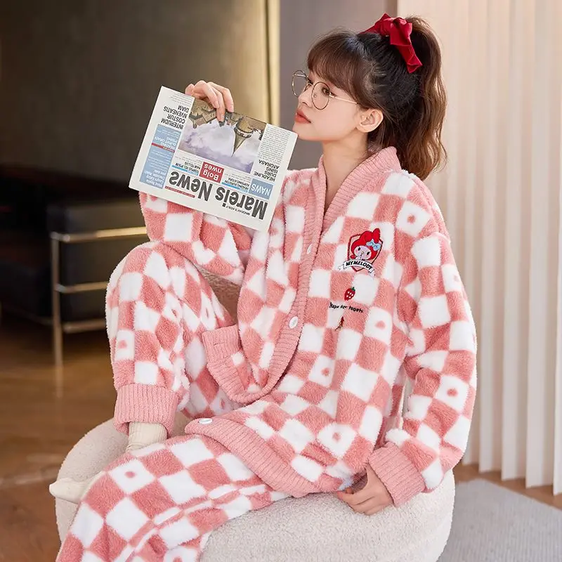 

Sanrio My Melody женский пижамный комплект из кораллового флиса осень-зима плюшевая утолщенная фланелевая клетчатая домашняя одежда для дома модная одежда для сна