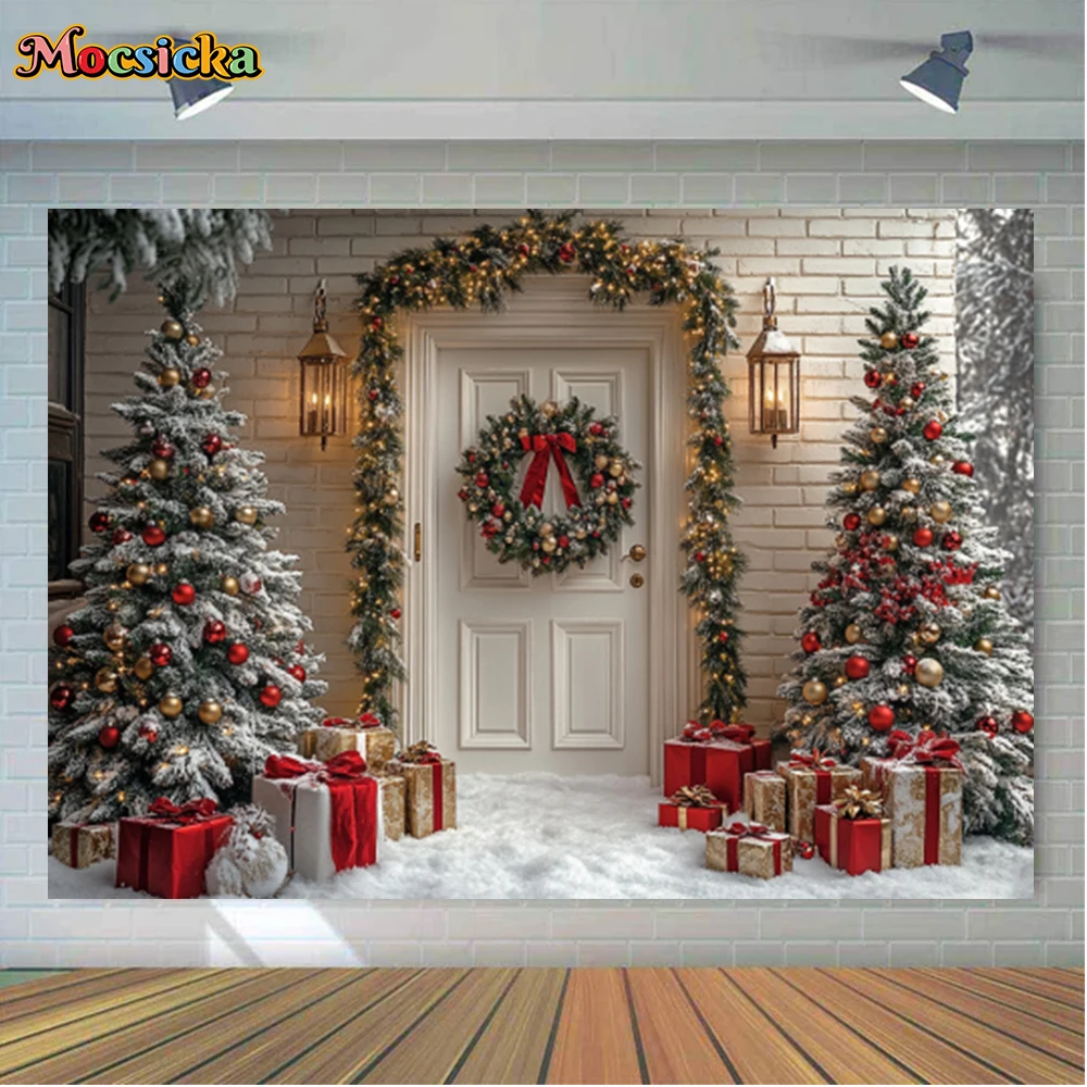 Mocsicka Winter Christmas Photography Backgrounds Gorgeous Door Xmas Tree Holiday Party Adults Children Photo Backdrops Studio