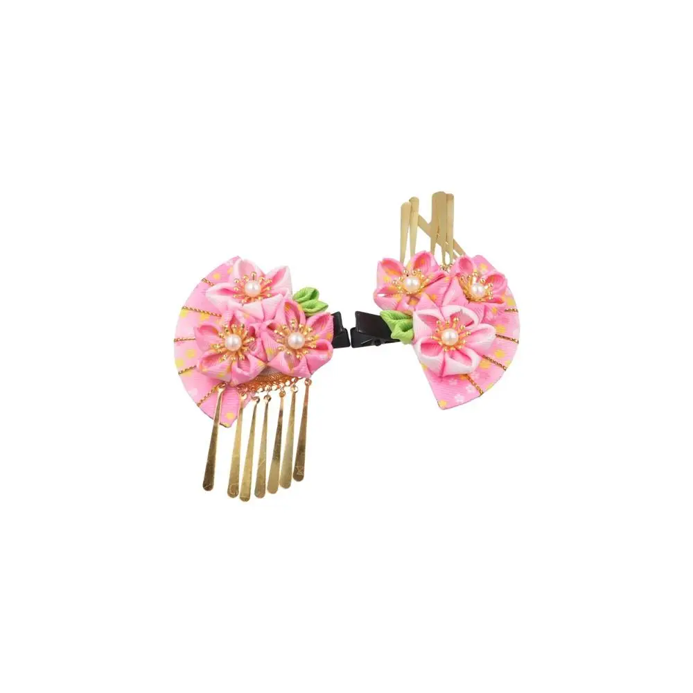 Sweet Tassels Tassel Fan Hairpin Flower Cloth Japanese Kimono Headwear Kimono Hair Clip Sakura Girls