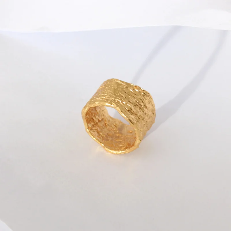 Litheline 24K Gold Plated Brass Molten Texture band Ring, Wide Design Lead-Nickel-Sensitive Unisex Jewelry view 4