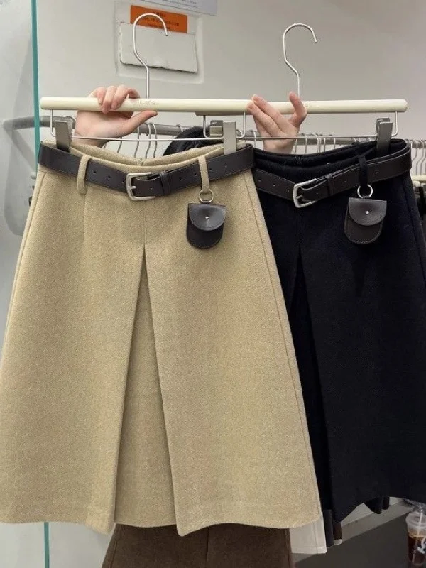 Simple Daily High Waist Pleated Knee-Length A-Line Skirt for Women Autumn Winter Khaki Color Ins Style Half-length Skirt