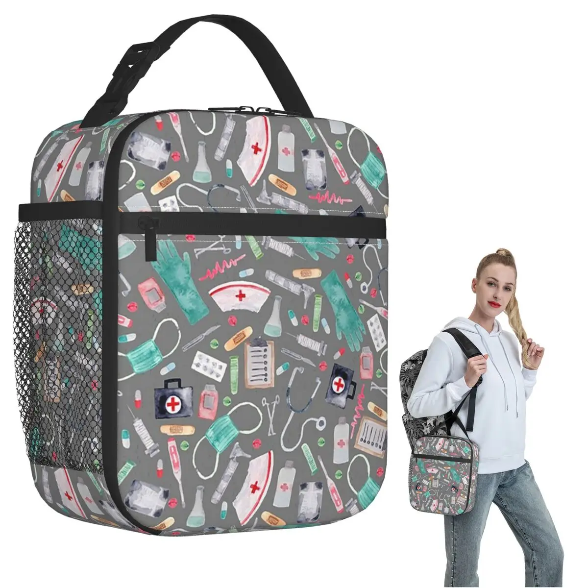 Medical Pattern Doctor Nurse Watercolor Grey Texture Insulated Lunch Bag Children Portable Food Boxes Thermal Lunch Box Tote