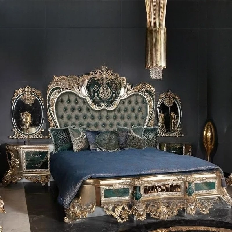 carving flower champagne double bed combination French villa high-end custom large bedside table wedding bed wardrobe