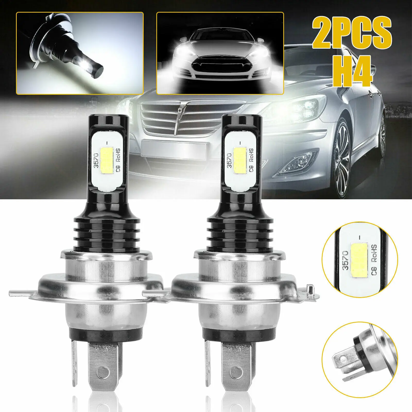 

2pcs H4/9003/HB2 Compact LED Headlight Bulbs 6000K White Canbus Error Free IP68 12V Auto Lighting