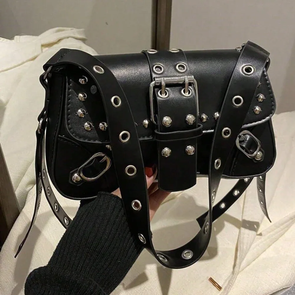 

Women's PU Leather Shoulder Handbag Punk Rivet Flap Studded Vintage Underarm Bags Bolda Transversal Feminina Handbag Designer Ba
