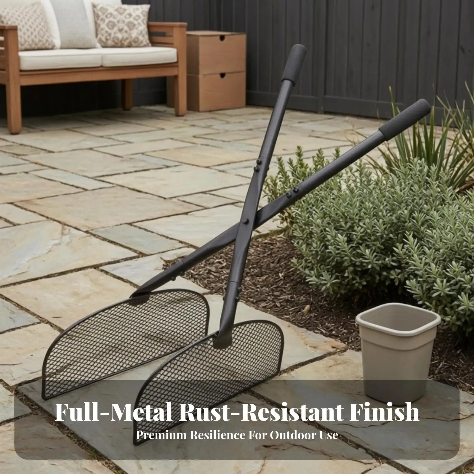Leaf Rake Gardening Tool for Yard Maintenance with Comfortable Foam Grip and Wide Mesh Basket for Efficient Use