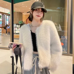 Abrigo de piel esponjosa de lujo para mujer, chaqueta peluda de imitación de manga larga elegante, cuello redondo, abrigo corto cálido de calle elegante para mujer, Invierno
