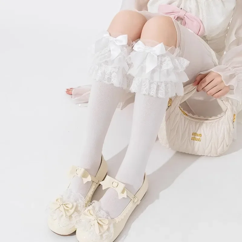 Baumwollstrümpfe mit Schleife und Knoten, Cartoon-Motiv, süßes Mädchen, Prinzessin, Lolita, Nylon, Spitze, Kniestrümpfe, Feenmädchen