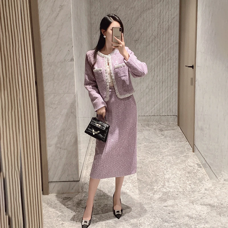 High Quality Purple Sequins Shiny Tweed 2 Piece Set Women Autumn Winter Temperament Jacket Outwer+Office Skirt Sets