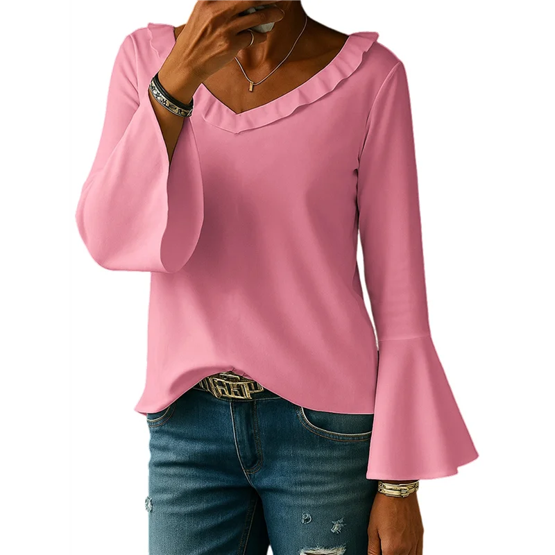 

【D75C】Womens Blouse Ruffle 3/4 Sleeve Tops V Neck Business Casual Blouses Shirts Spring Summer Outfits