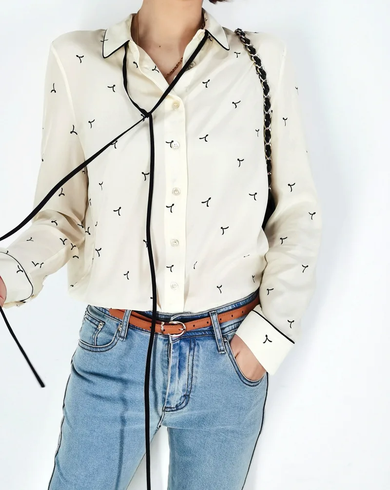 Birdtree 100%Real Silk Women Lace-up Shirt Bow Collar Vintage Print Long Sleeve Commute Blouse Office Lady 2024 Spring T41115QM