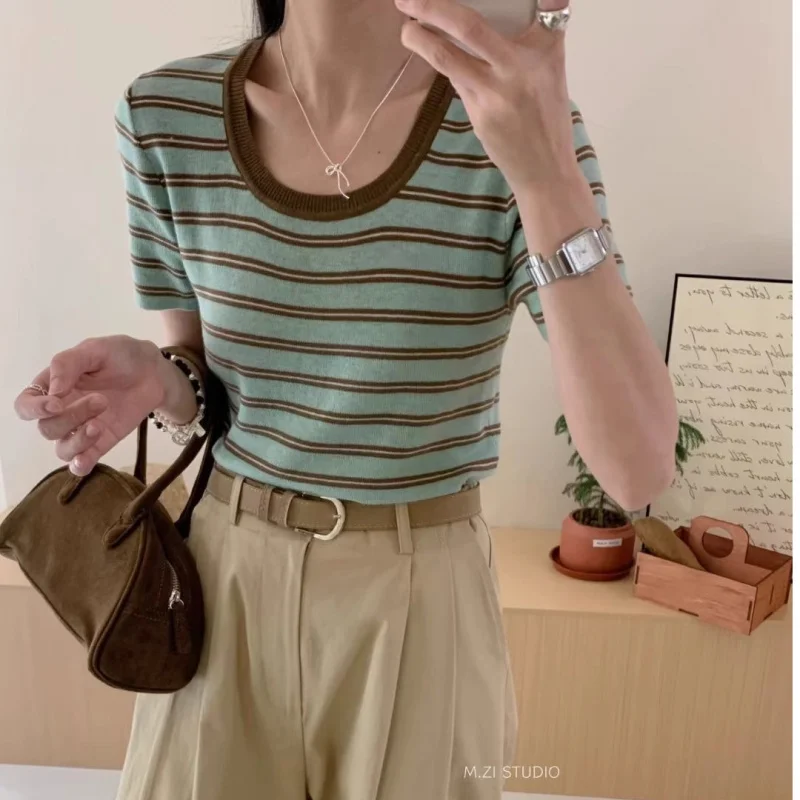 

Striped Short Sleeve Knit Top for Women Summer New Slim Fit Color Block Korean Style Base Shirt TopINSTide