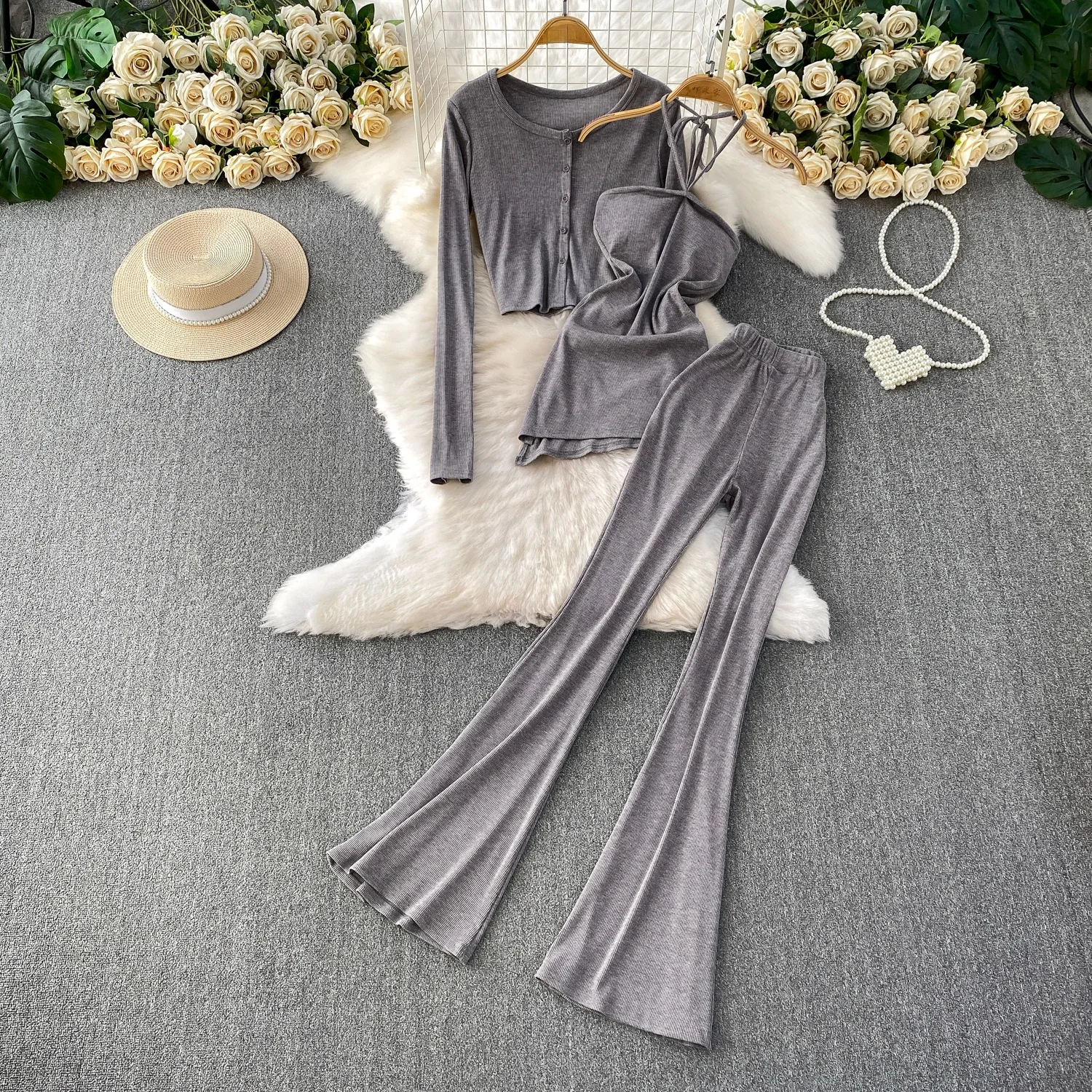 

K-Drama Main Fem Character Sexy ort Open Cardigan Jaet + Asymmetrical Strap + High Waist Slimming Flared Pants Set