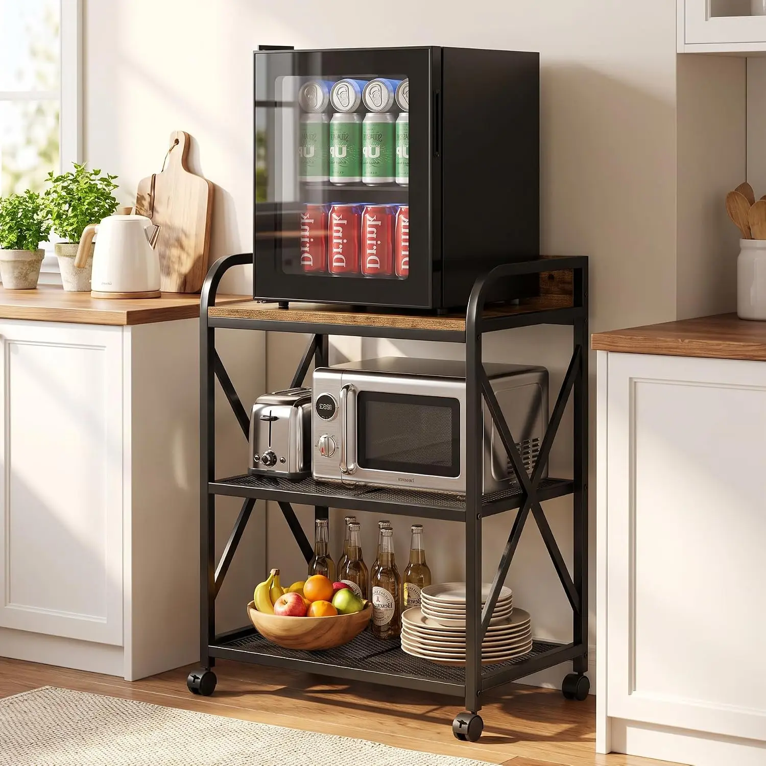 Rolling Kitchen Microwave Cart, 3 Tier Microwave Table Stand with Storage, Kitchen Utility Carts on Lockable Wheels