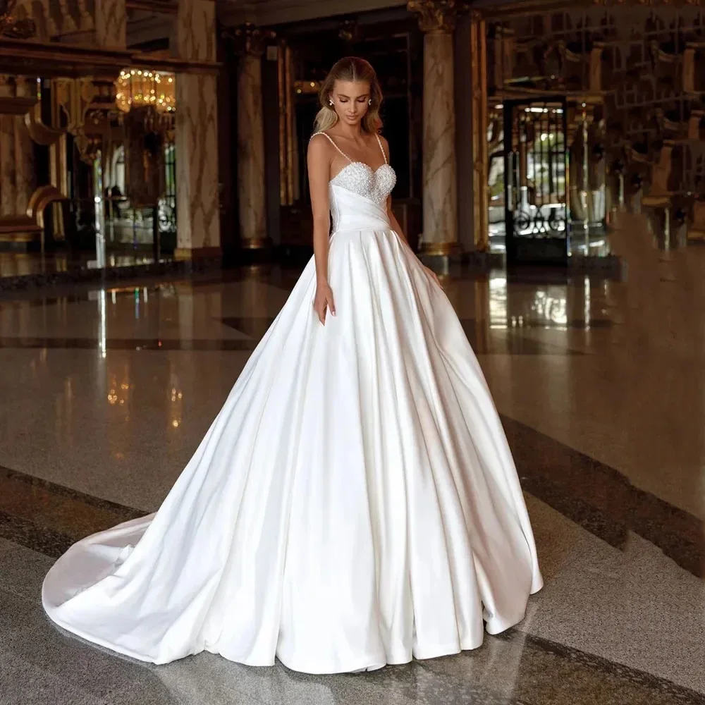 Msikoods Elegante Brautkleider 2025, Bräute, Spaghettiträger, Perlen, individuelles Satin-Hochzeitskleid für Frauen, Brautkleid