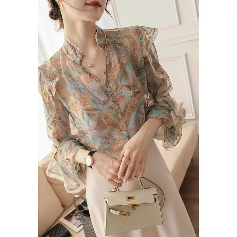 New Top French Style Design Niche Floral Chic High-Grade Chiffon Shirt for Women