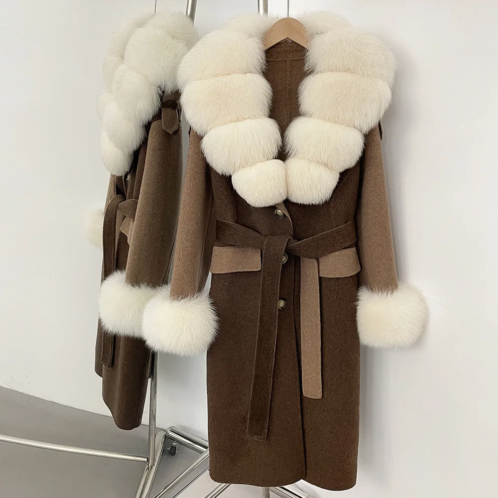 เสื้อโค้ทขนสัตว์ผสมสำหรับผู้หญิง ฤดูใบไม้ร่วง-ฤดูหนาว ปี 2025  ดีไซน์หรูหรา อุ่นสบาย  คอปกขนจิ้งจอกแท้  ผ้าแคชเมียร์สองด้าน