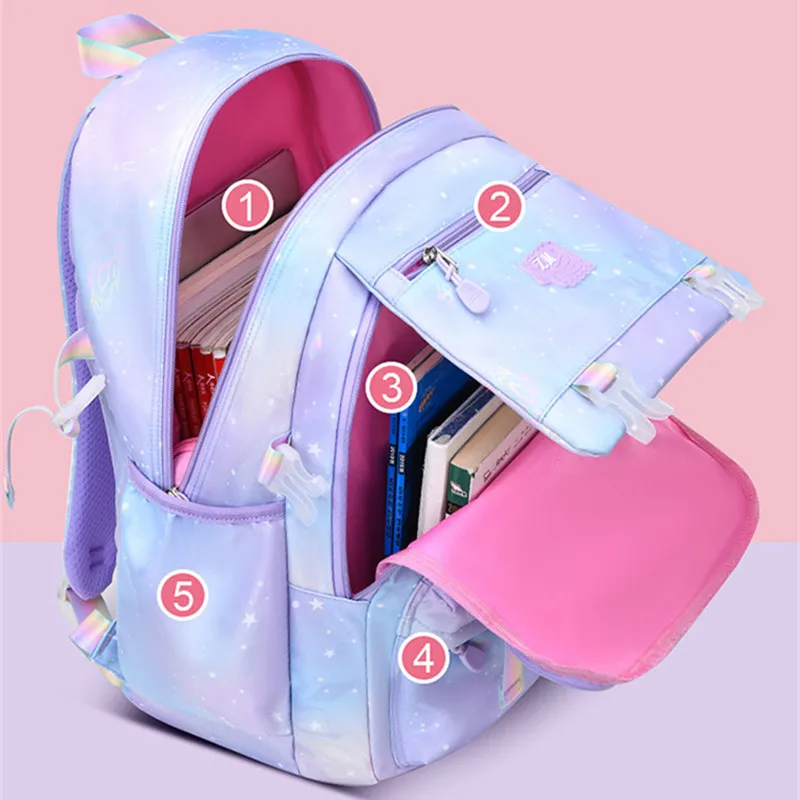 Sacs d'école primaire imperméables pour filles, sac de livre mignon, sac violet SR pour enfants, sac de notifications pour enfants