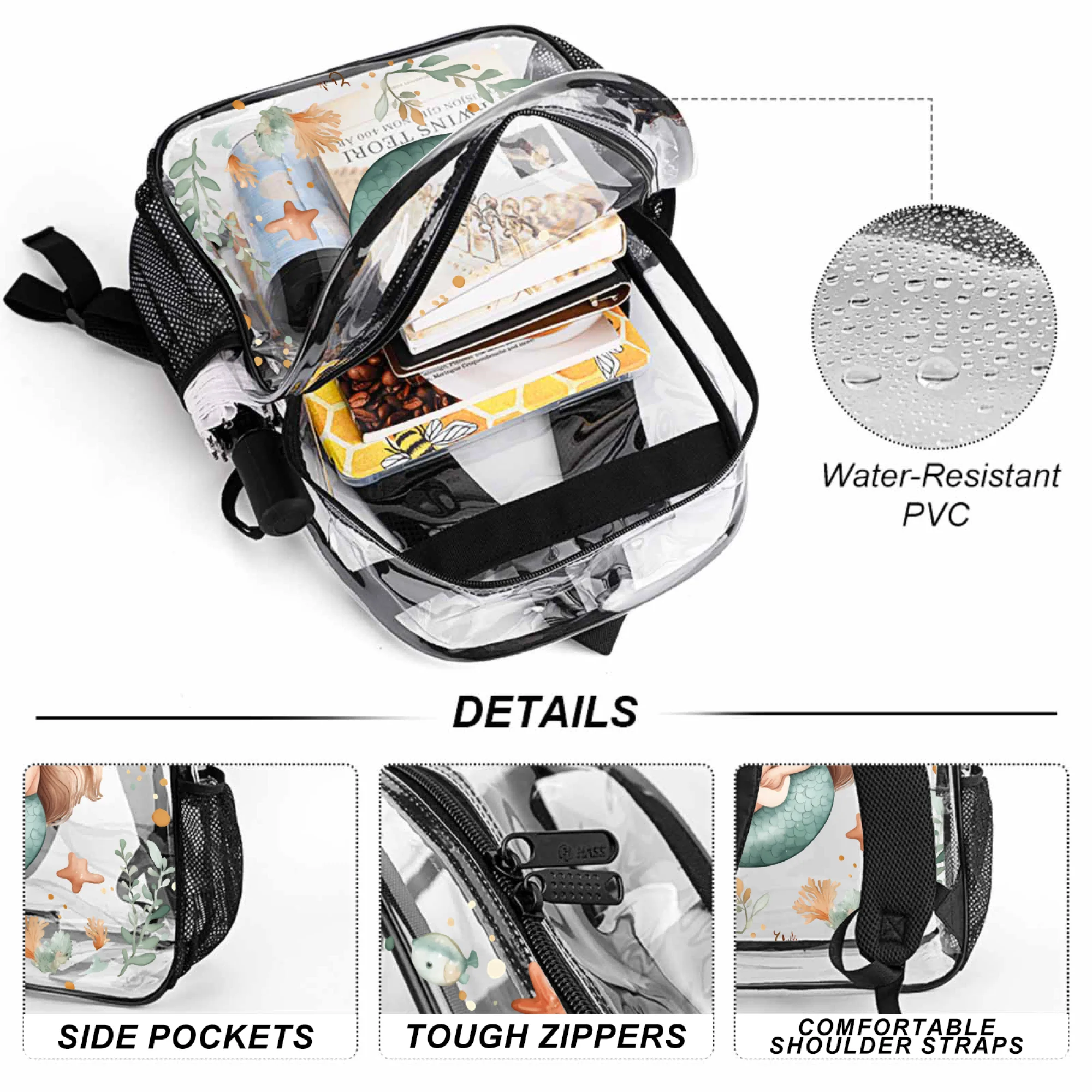 กระเป๋าเป้ใสขนาด 17 นิ้ว ลายภาพวาดนางเงือก ใส่แล็ปท็อปขนาด 16 นิ้วได้ กระเป๋าเป้ใส PVC สำหรับนักเรียน - ของขวัญกระเป๋าเป้สุดสนุก