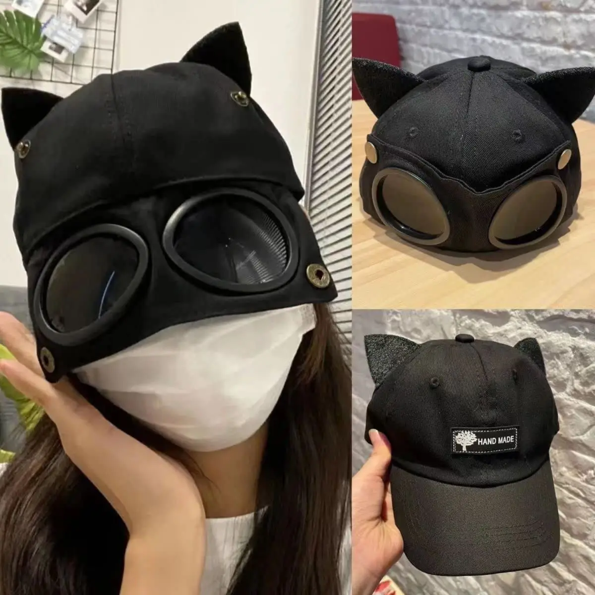 Tactical Retro Aviator Hat Peaked Cat Ears Baseball Cap with Sunglasses On The Back Pilot Attached Goggles for Men Women Adults