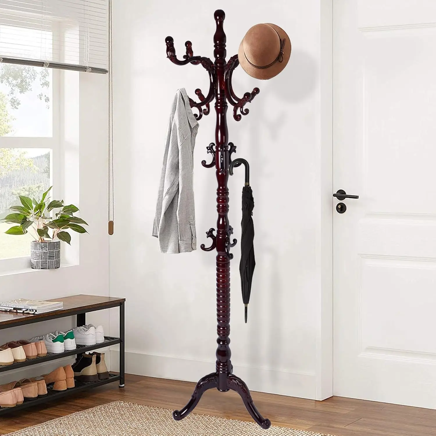 

Wooden Coat Rack Freestanding, Vintage Coat Racks with Sturdy Round Base, Adjustable Height 37.40"-72.83" Entrance, Customized