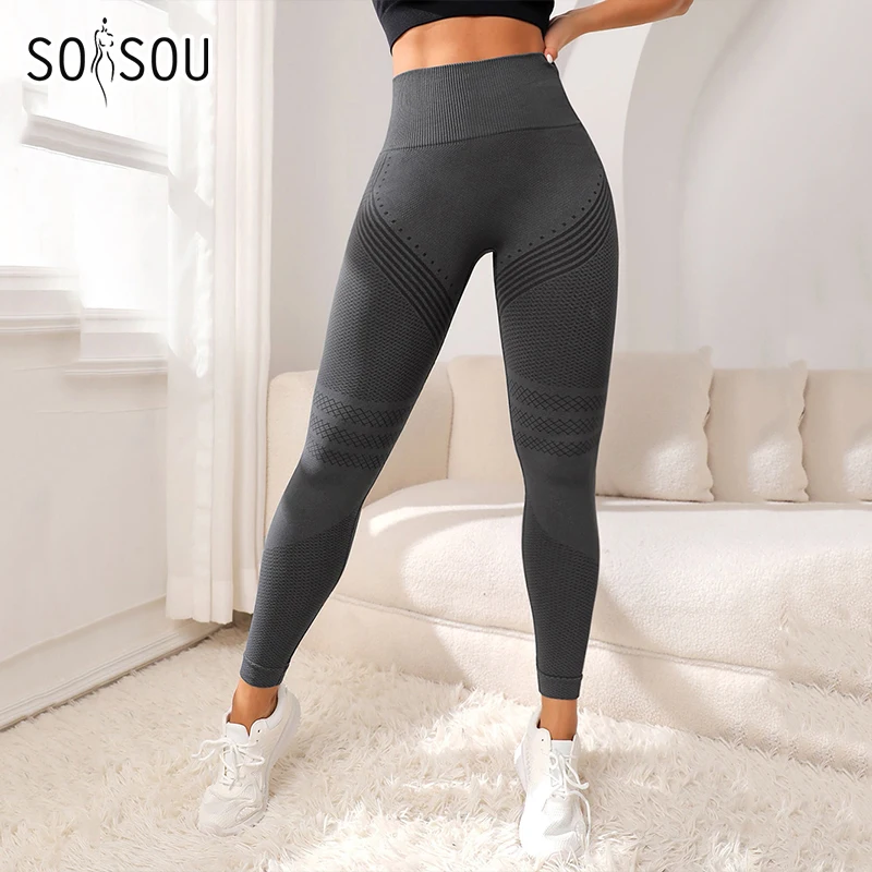 SOISOU Gym Leggings Women Yoga Pants High Waist Push UP Tights Elastic Breathable Sports Women\'s Pants