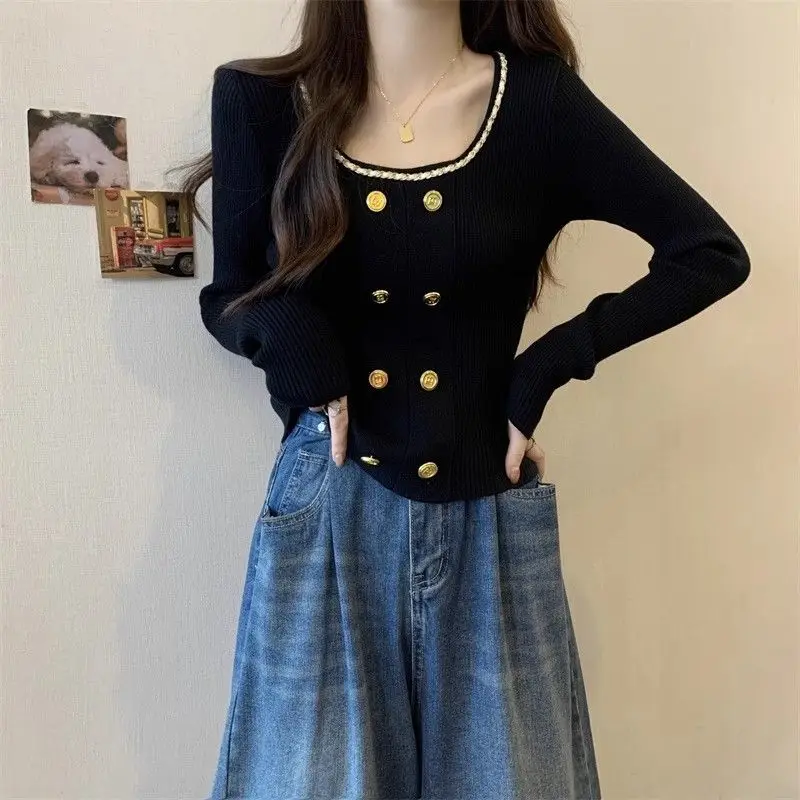 

Female Clothing Slim Long Sleeve Jumpers Casual Round Neck Spring Autumn New Solid Color Fashion Spliced Button Knitted Sweaters