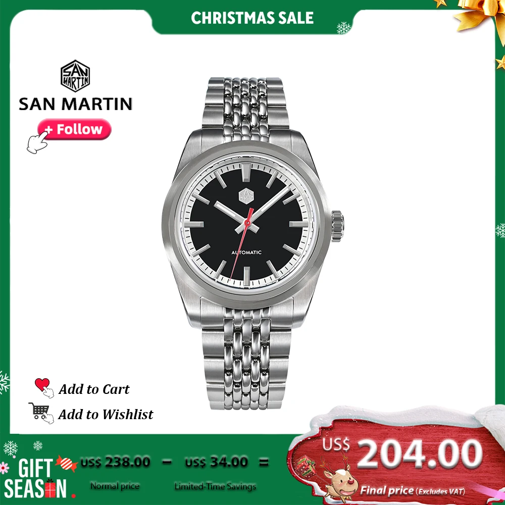 

San Martin New 37mm Simple Style Men's Watch Stainless Steel Sports Waterproof Automatic Mechanical Wristwatch 200m BGW9 SN0106G