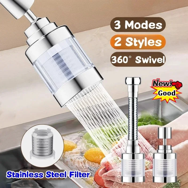 3 Modes Faucet Filter Stainless Steel Filter Cartridge Tap Water Purifier Kitchen Faucet Extender Anti-Splash Blistering Spout