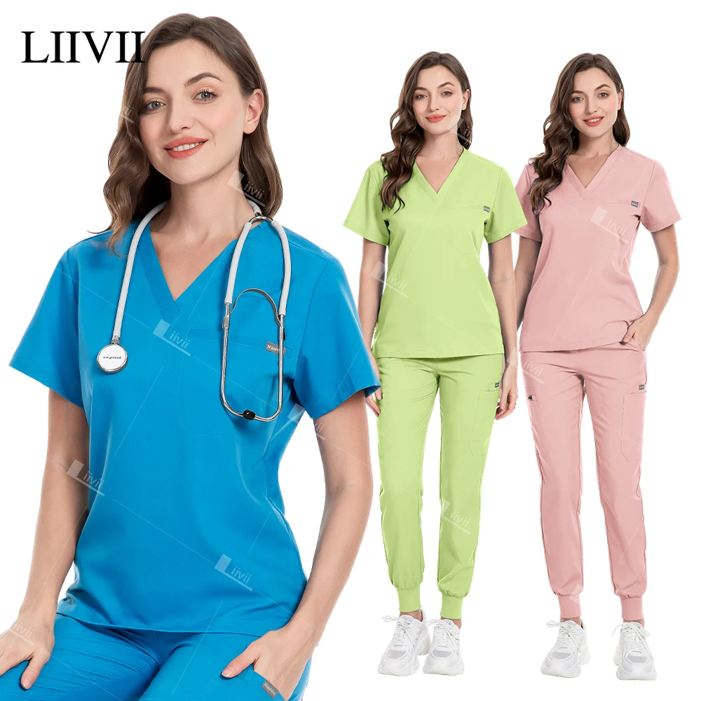 High-end Scrubs Uniform Pockets V-neck Tops+jogger Pants Set Nursing Uniform Women Men Surgical Suit Pet Doctor Medical Workwear