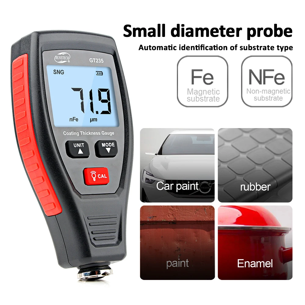 

GT235 LCD Coating Thickness Gauge 0-1800um Paint Depth Tester with Pouch for Car Substrates Calibration