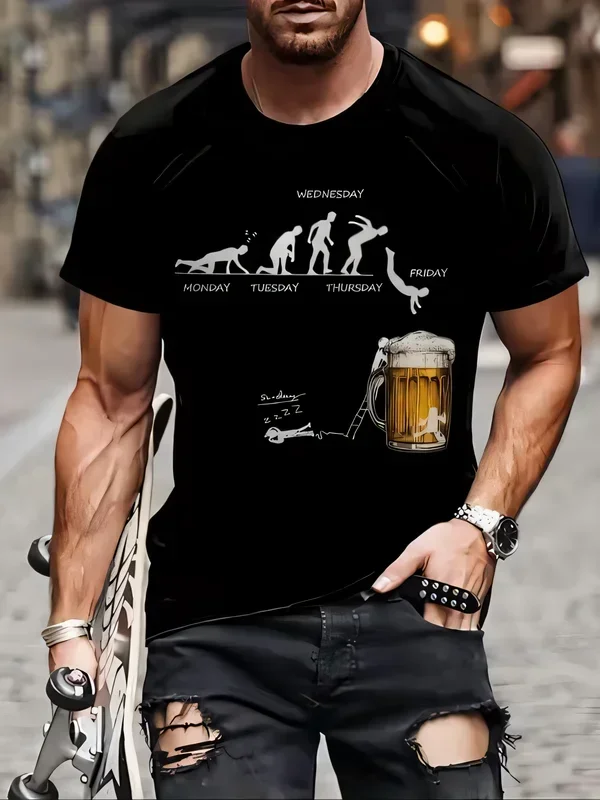 Funny Evolution of the Week T-Shirt Men's Casual Graphic Tee Workweek to Friday Beer Party Ripped Style Streetwear Black T-shirt
