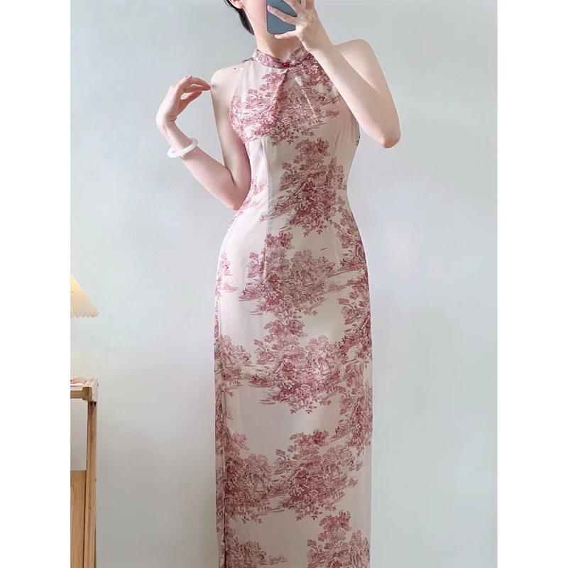 Elegant Lace Backless Qipao Women Vintage Chinese Dress Print Cheongsam New Chinese Style Dresses Long Vestidos Summer Qipao