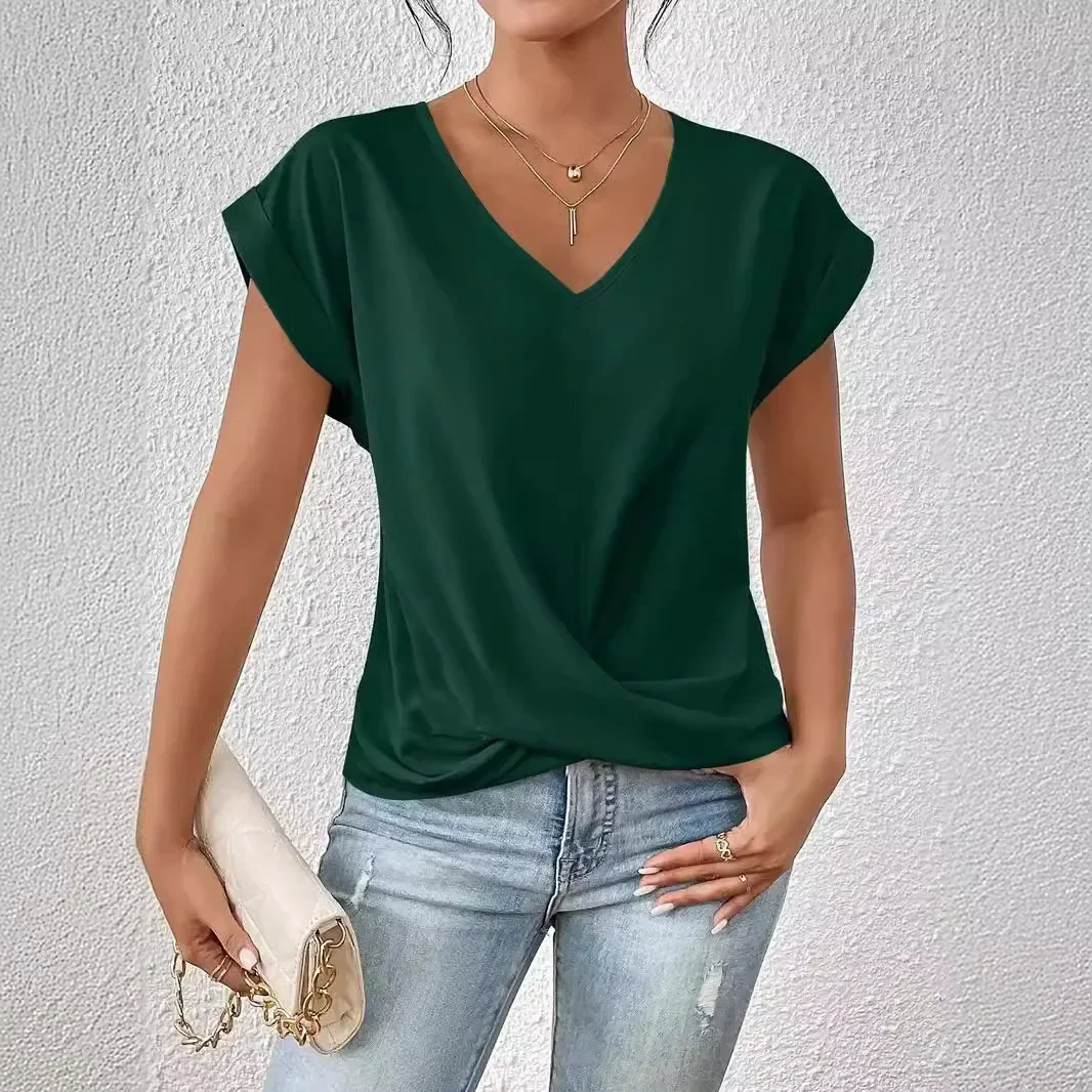 

New Women's Elegant V-Neck Short Sleeve T-Shirt Casual Summer Blouse Lightweight Breathable Stretchy T-Shirt Fashion Top Short
