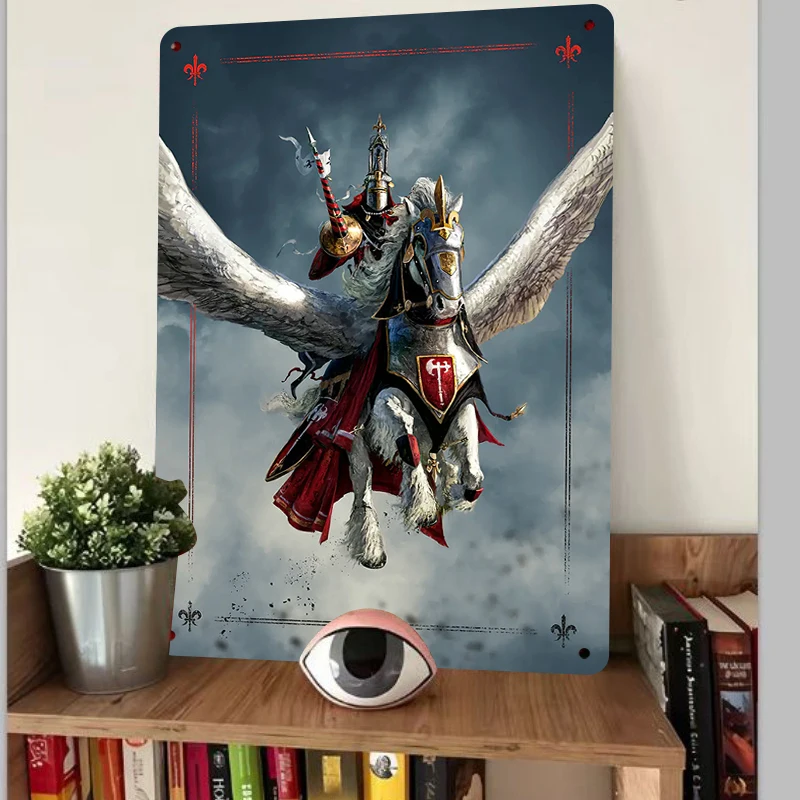 Knight and Pegasus Metal Wall Art Medieval Style Home Decor Vintage Iron Painting Living Room Decoration