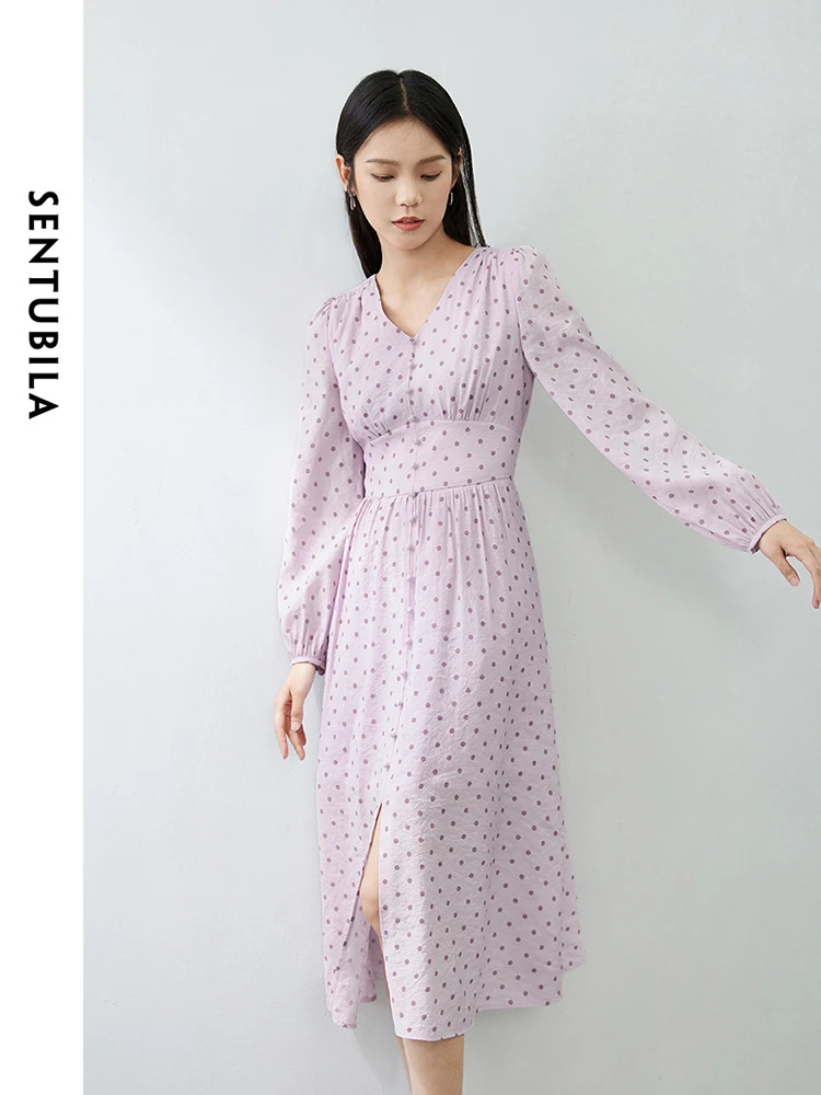 

SENTUBILA Womens Dot Printed V Neck Split Vacation Dress 2024 Autumn French Elegant Long Sleeve Midi Dresses Clothing 141L53618