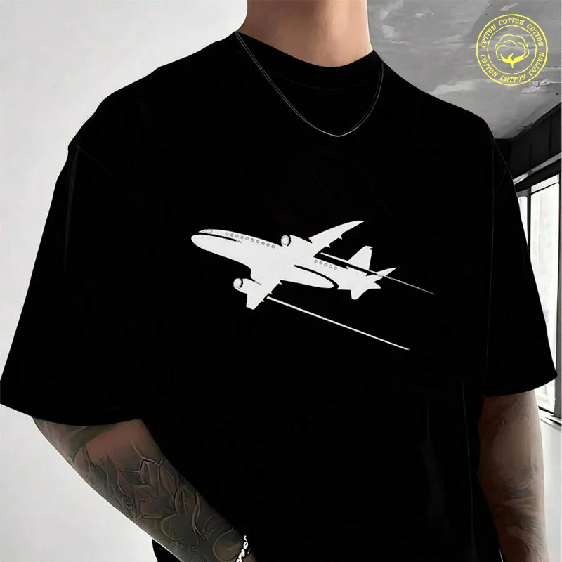 

Leisure Fashion Airplane Print Men's Moto Casual T-Shirt Fashionable Street Style Suitable For Travel And Sports Tee