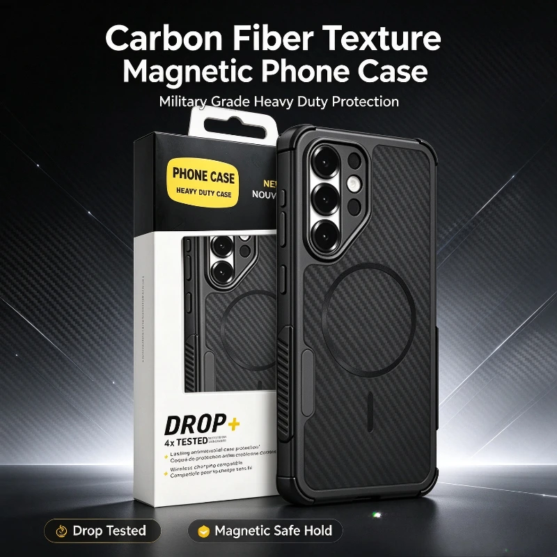 Carbon Fiber Texture Magnetic Case for Samsung Galaxy S26 Ultra S25 S24  A18 A17 A27 A37 Heavy Duty Military Grade Protect Cover