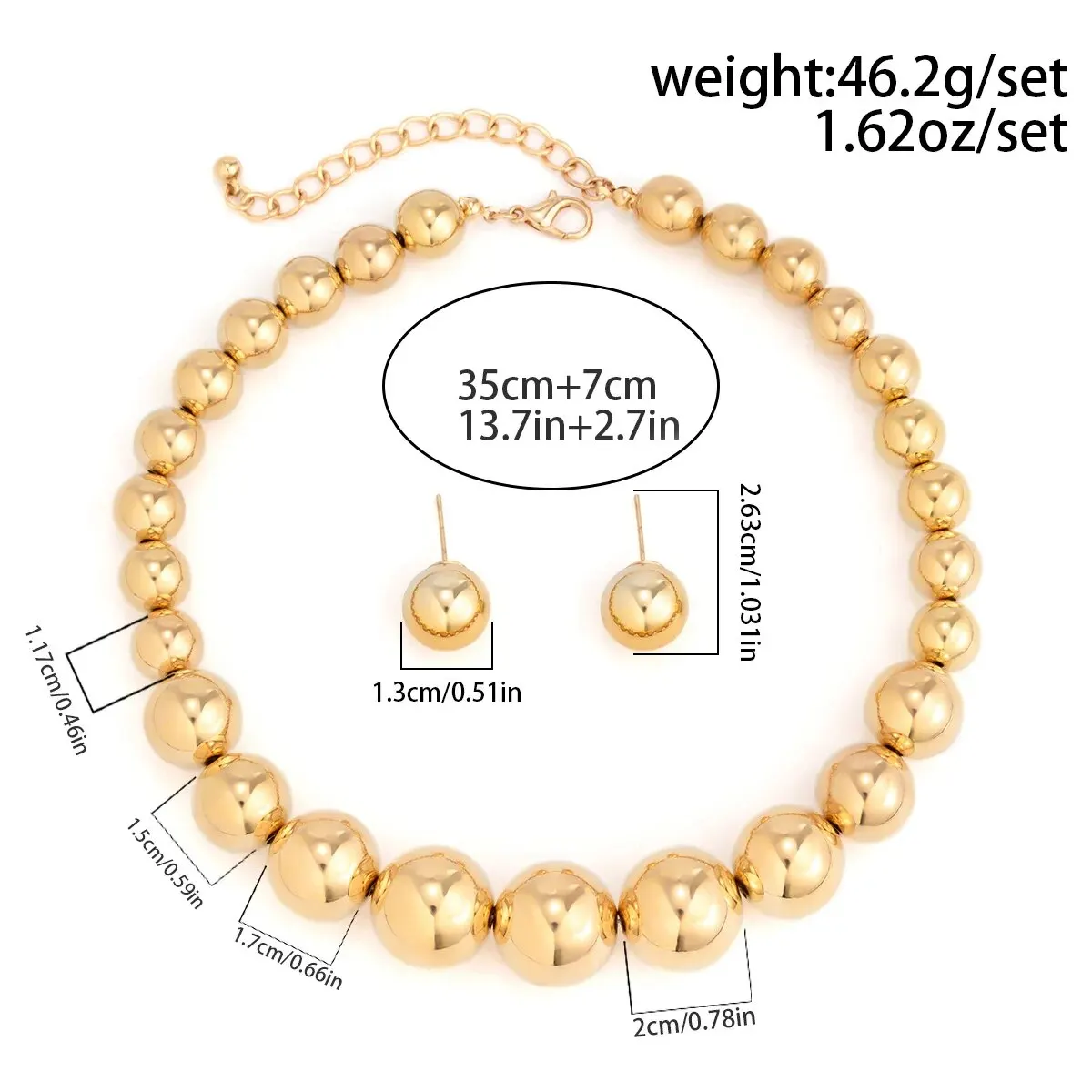 2Pcs Exaggerated Gold Color Big Beads Necklace Stud Earrings for Women Luxury Punk CCB Choker Jewelry Set Party Club Accessories