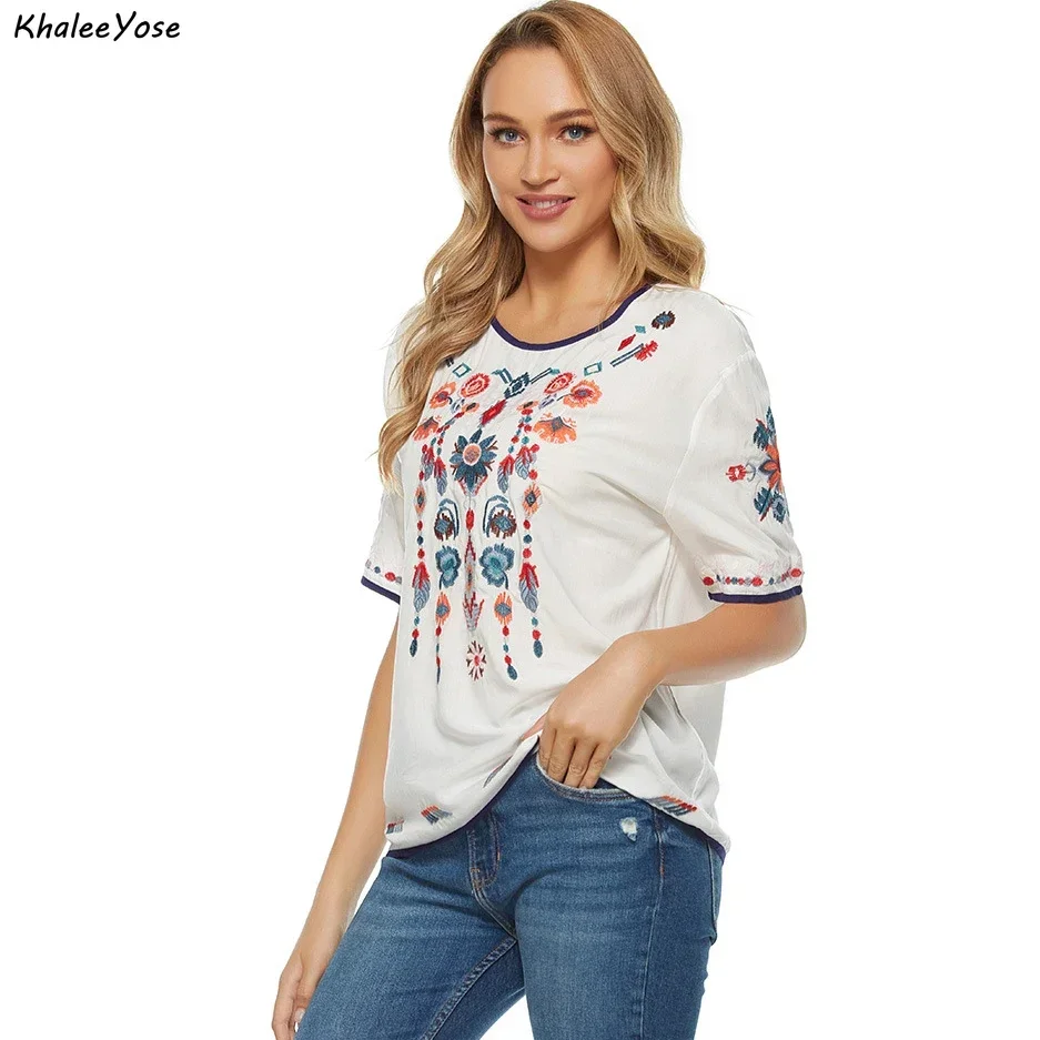 KHALEE YOSE Cotton Boho Floral Embroidery Blouses Mexican Spring Short Sleeve Shirt Women Lace Tie Up 3xl Ethnic Shirt Tops