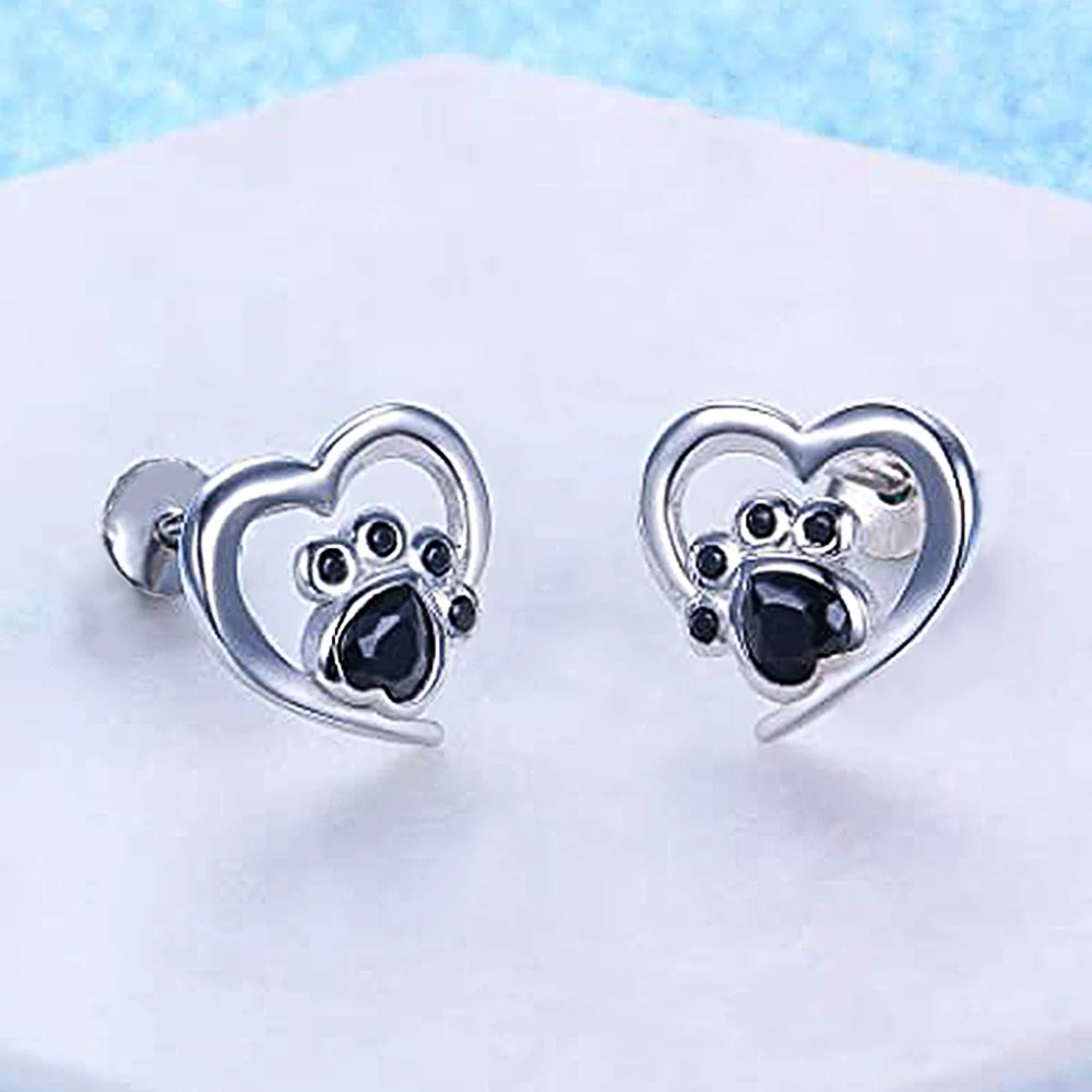 Huitan Cute Animal Cat Dog Footprints Shape Stud Earrings for Women Silver Color Heart Love Earrings Fashion Versatile Jewelry