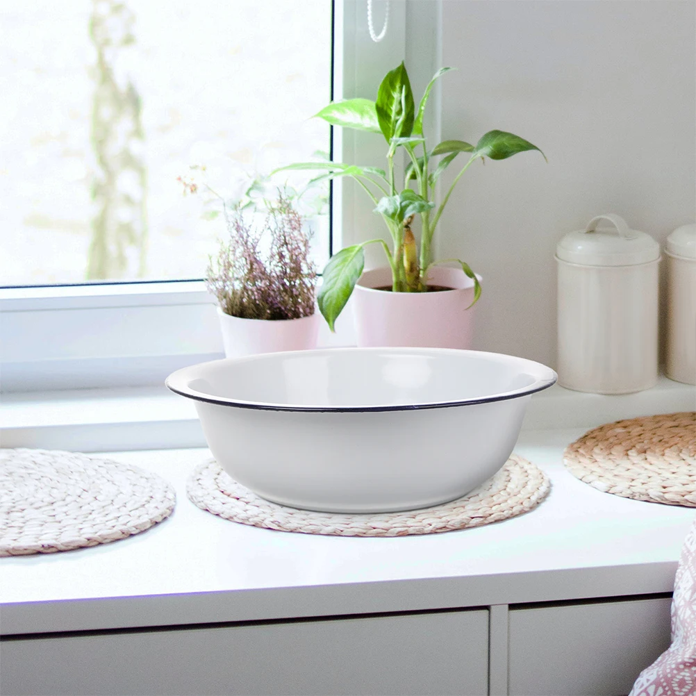 

2pcs White Enamel Basin Thickened Durable Large Capacity Kitchen Vintage Fruit Mixing Bowls Dough Making Porcelain