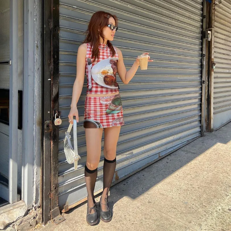 Y2k women's tank top short skirt two-piece set with cute plaid pattern printed clothes, sexy and spicy girl vintage 90s style