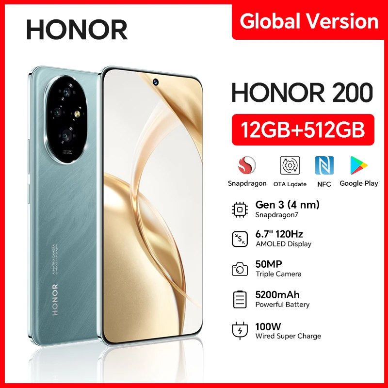 HONOR 200, 12GB+512GB, 6.7인치 OLED 화면, 5G, 듀얼 SIM, 50MP 트리플 카메라, 고속 충전, Android 스마트폰