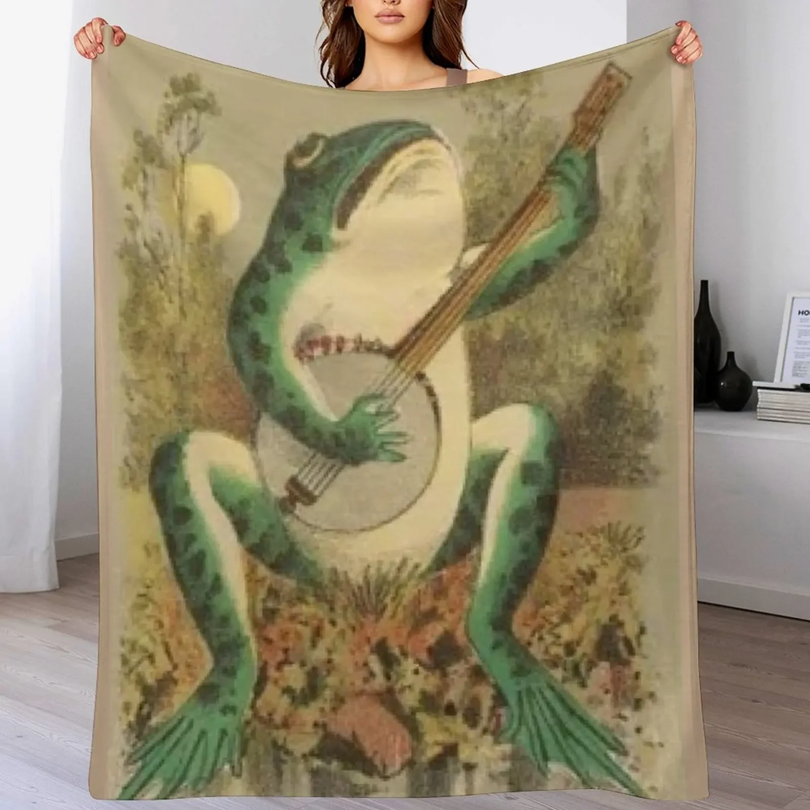 

Vintage Whimsical Frog Playing The Banjo In The Moonlight, Ribbit. Fun Frog Apparel and Decor Throw Blanket Moving Blankets